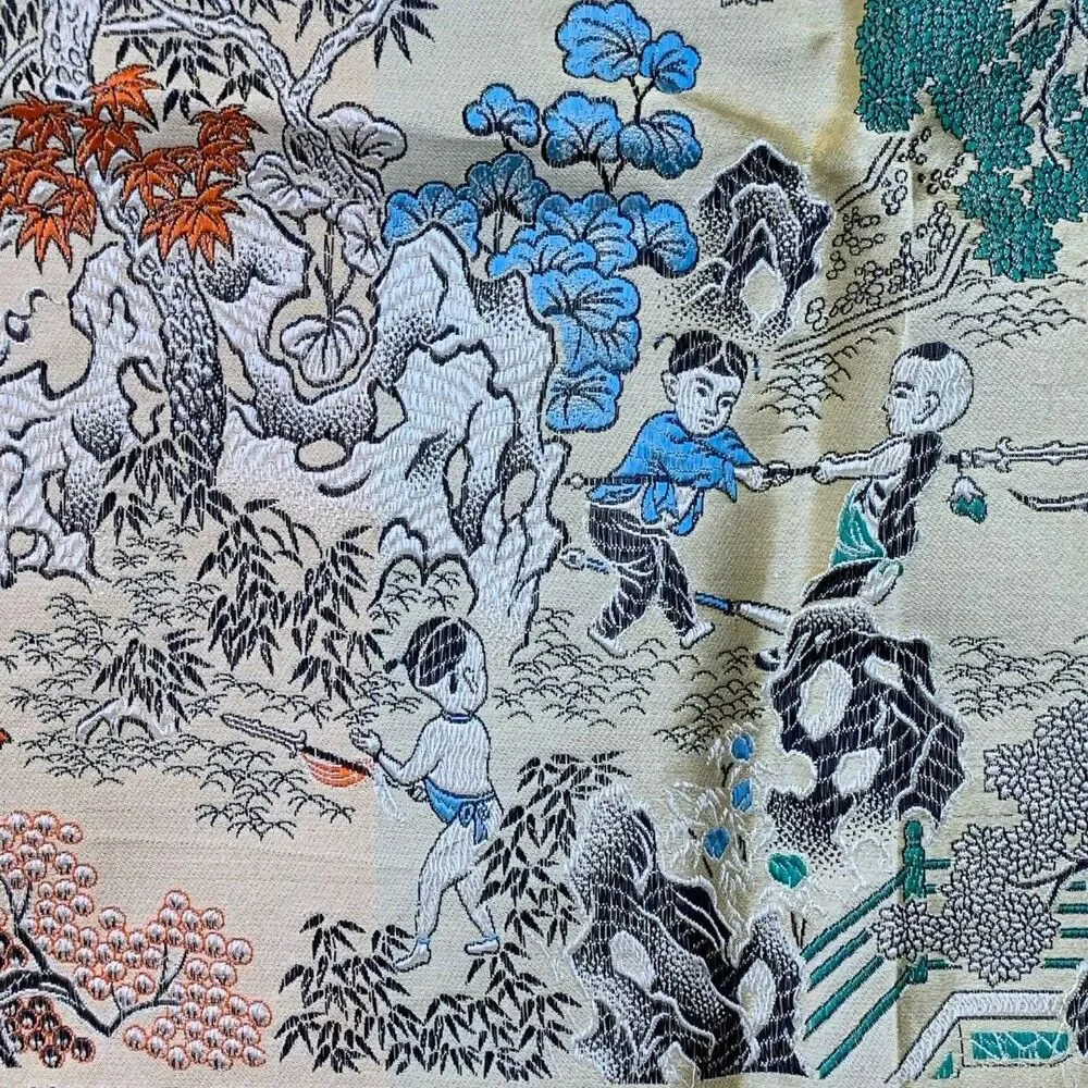 Vintage Asian Oriental Silk Brocade Reverse Image Weave Gold Table 39” X 36”
